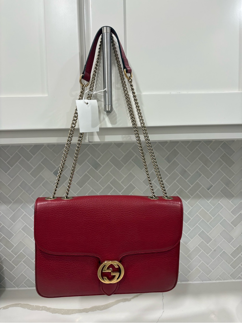Authentic Gucci Red Guccissima
Leather Shoulder Bag With Gold Tone Hardware